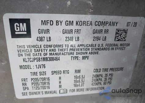 2021 Chevrolet Trax Awd Lt из США, поврежденный, VIN KL7CJPSB1MB308464